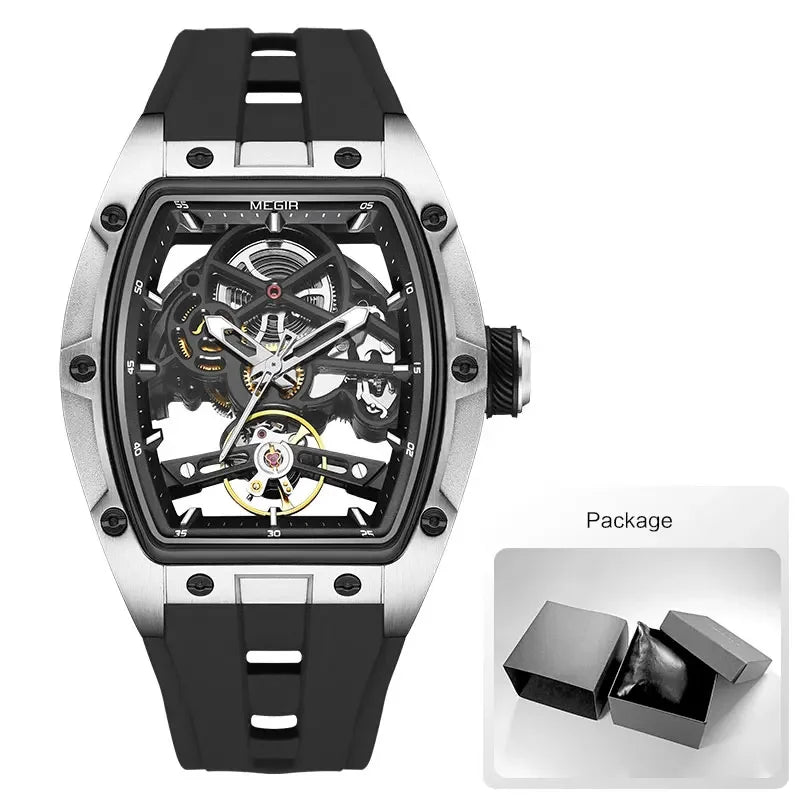 Men's Automatic Mechanical Watch with Stainless Steel Case Silicone Band Skeleton Dial Waterproof