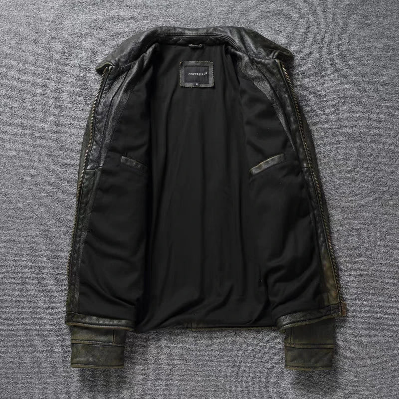 American Leather Jacket Men's Motorcycle Jacket Retro Distressed Graphite Olive Green Slim Lapel Jacket New Style