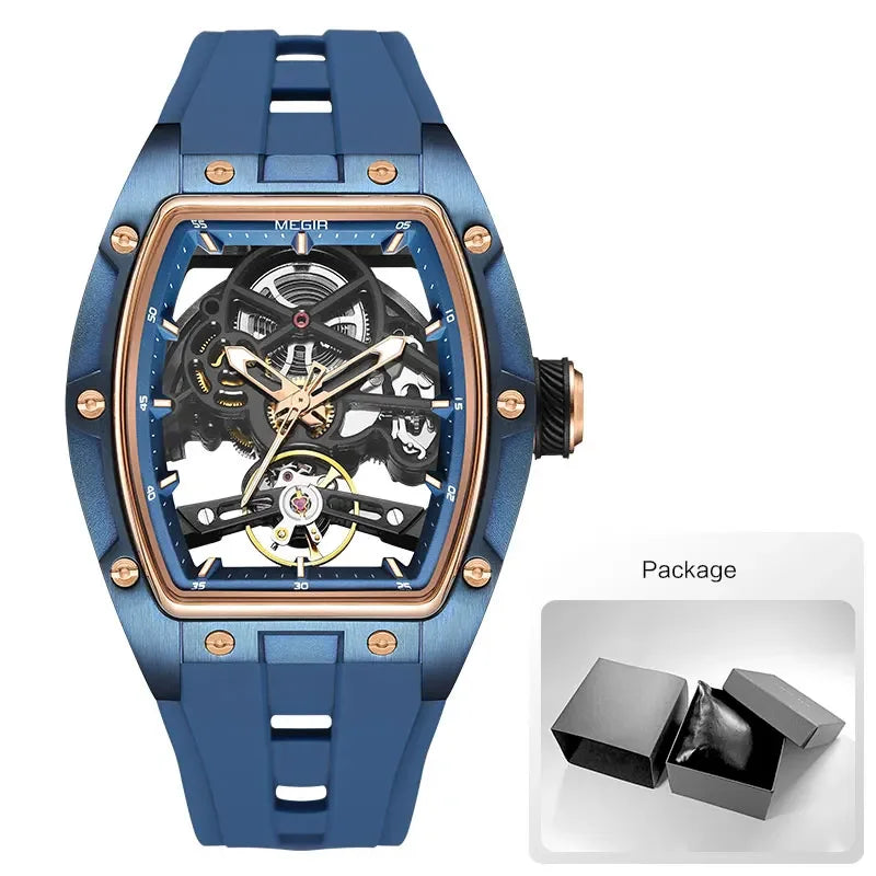 Men's Automatic Mechanical Watch with Stainless Steel Case Silicone Band Skeleton Dial Waterproof