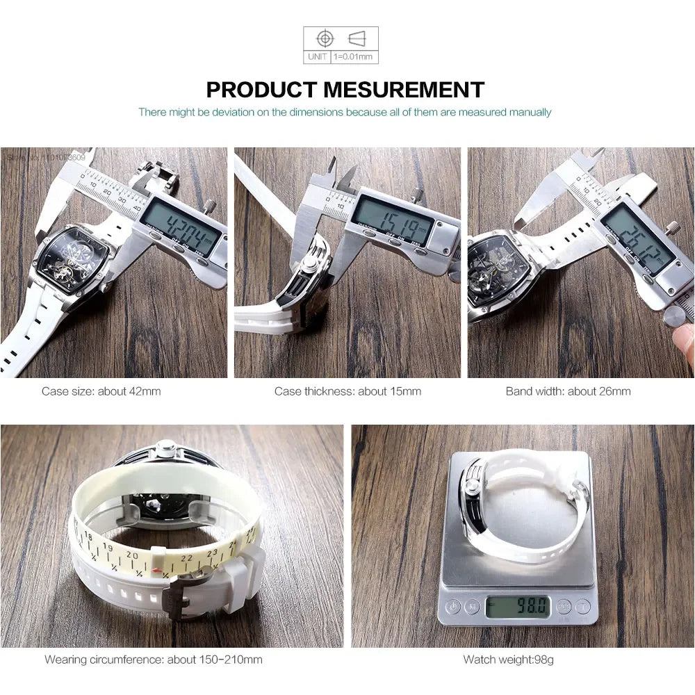 Men's Automatic Mechanical Watch with Stainless Steel Case Silicone Band Skeleton Dial Waterproof