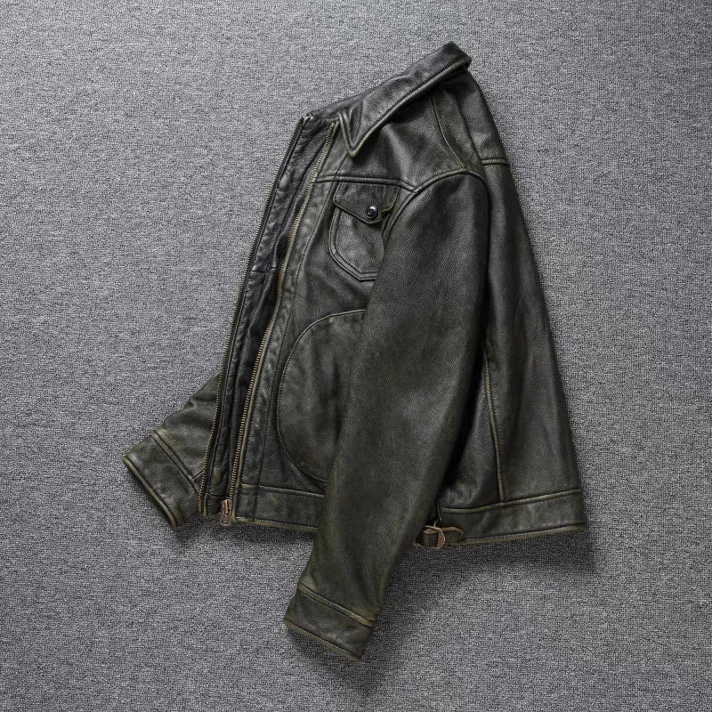 American Leather Jacket Men's Motorcycle Jacket Retro Distressed Graphite Olive Green Slim Lapel Jacket New Style