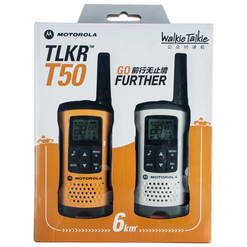 A pair of Motorola TLKR-T50 walkie talkie LCD screens, 8 channels, ideal radio T50 for outdoor exploration with a range of 6KM