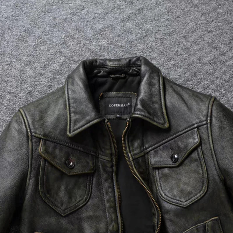 American Leather Jacket Men's Motorcycle Jacket Retro Distressed Graphite Olive Green Slim Lapel Jacket New Style