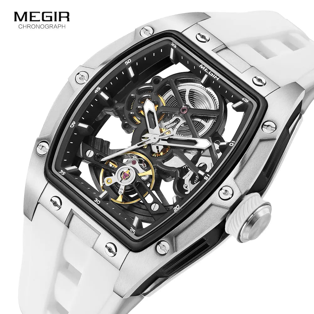Men's Automatic Mechanical Watch with Stainless Steel Case Silicone Band Skeleton Dial Waterproof