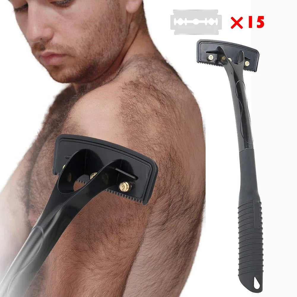 Men's Back Shaver Hair Remover Long Handle Body Hair Trimmer Razor with 15 Blades Manual Foldable Design for Efficient Grooming