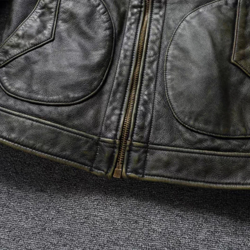 American Leather Jacket Men's Motorcycle Jacket Retro Distressed Graphite Olive Green Slim Lapel Jacket New Style
