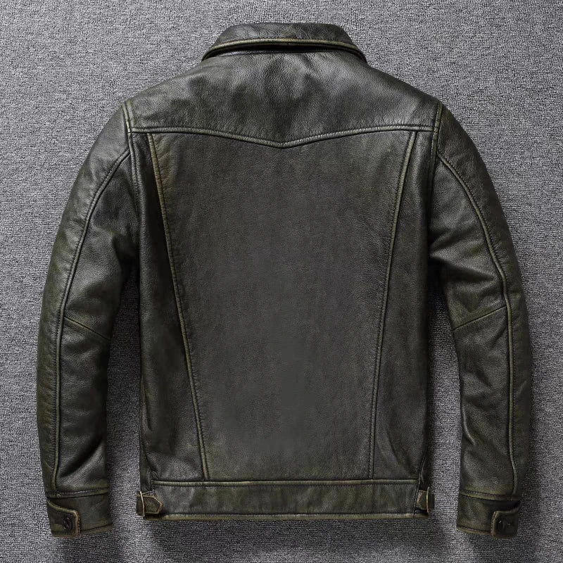 American Leather Jacket Men's Motorcycle Jacket Retro Distressed Graphite Olive Green Slim Lapel Jacket New Style