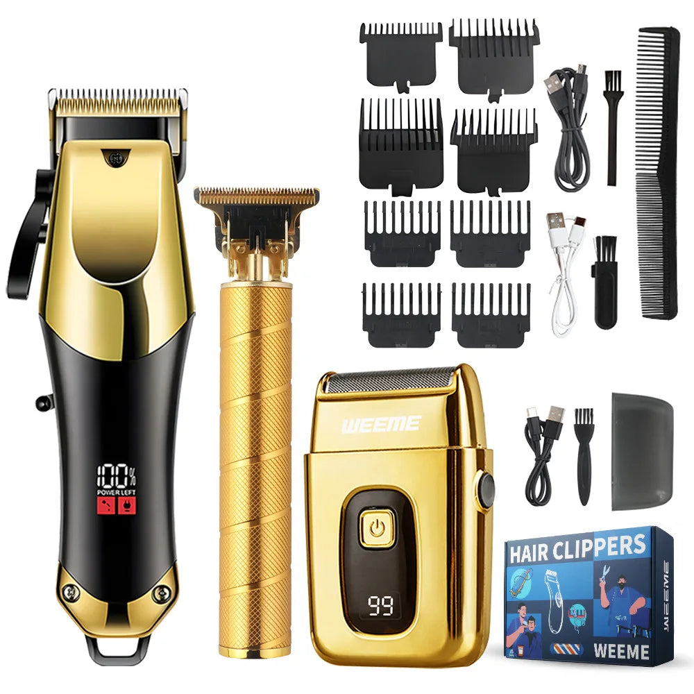 Men's Grooming Kit 3-Piece Set, Golden Balck Hair Clippers With LCD Display, USB Rechargeable, 8 Guide Combs, Trimmer And Shaver