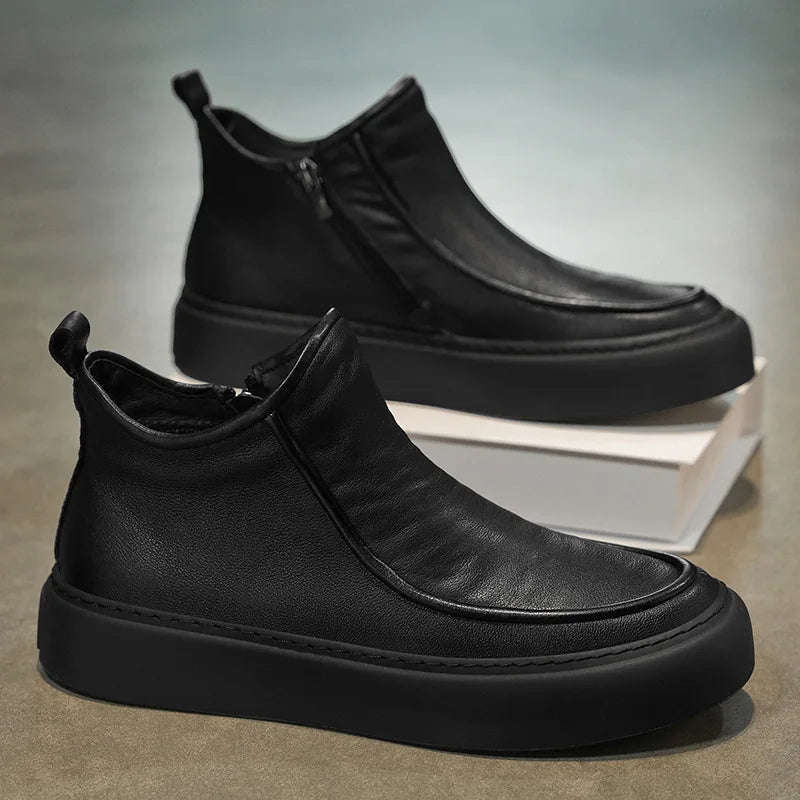 Men Leather High-Top Motorcycle Boots