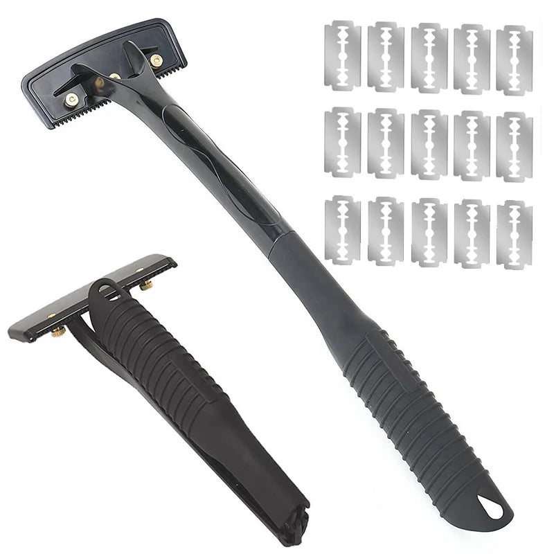 Men's Back Shaver Hair Remover Long Handle Body Hair Trimmer Razor with 15 Blades Manual Foldable Design for Efficient Grooming