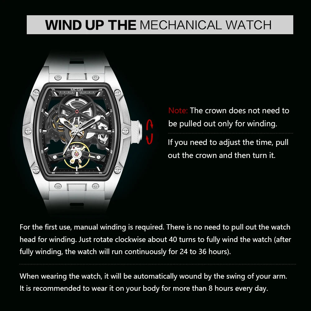 Men's Automatic Mechanical Watch with Stainless Steel Case Silicone Band Skeleton Dial Waterproof