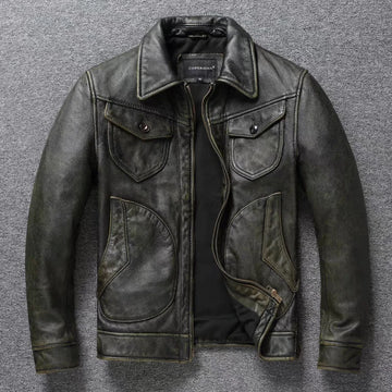 American Leather Jacket Men's Motorcycle Jacket Retro Distressed Graphite Olive Green Slim Lapel Jacket New Style