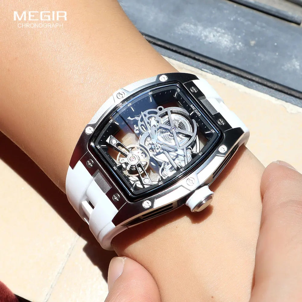 Men's Automatic Mechanical Watch with Stainless Steel Case Silicone Band Skeleton Dial Waterproof