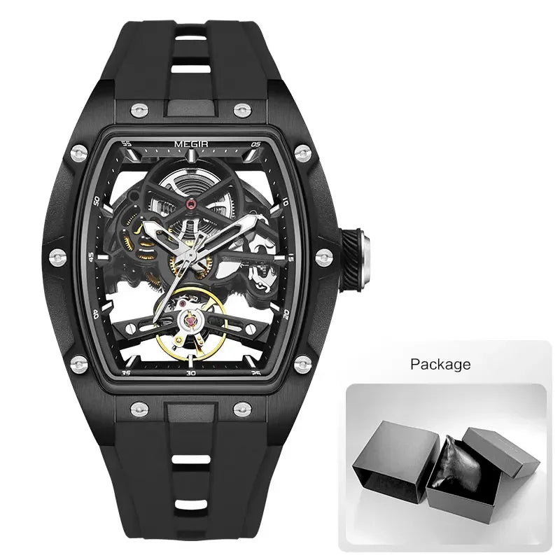 Men's Automatic Mechanical Watch with Stainless Steel Case Silicone Band Skeleton Dial Waterproof