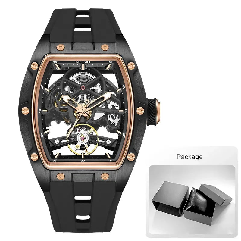 Men's Automatic Mechanical Watch with Stainless Steel Case Silicone Band Skeleton Dial Waterproof