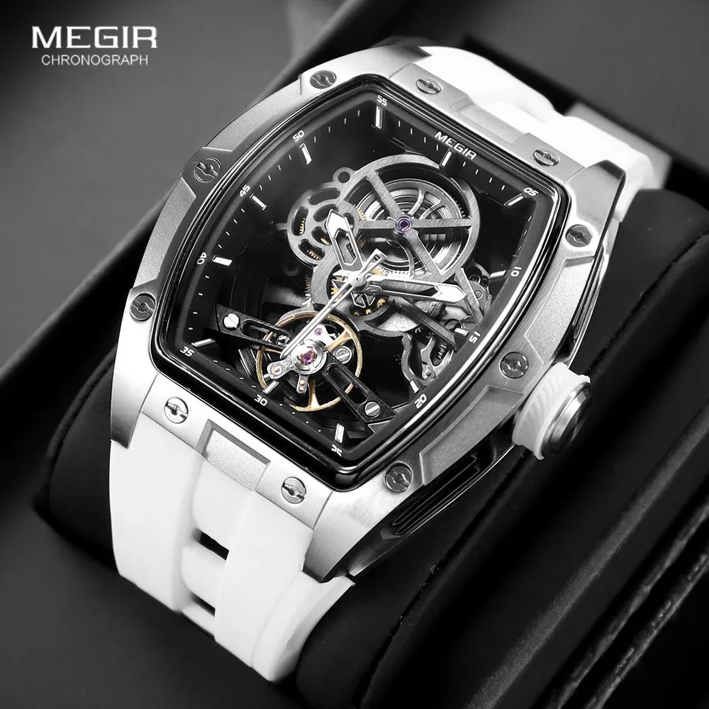 Men's Automatic Mechanical Watch with Stainless Steel Case Silicone Band Skeleton Dial Waterproof