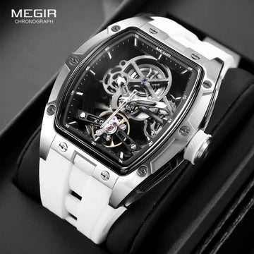 Men's Automatic Mechanical Watch with Stainless Steel Case Silicone Band Skeleton Dial Waterproof