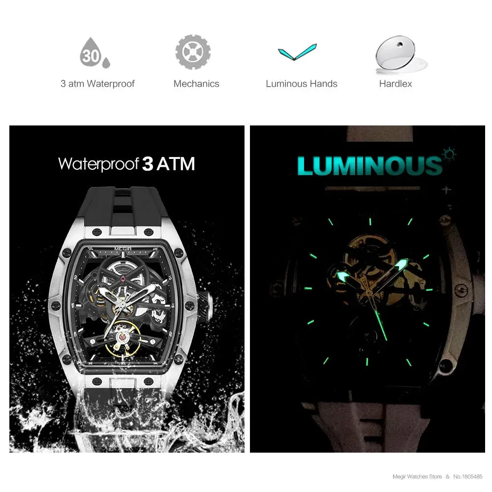 Men's Automatic Mechanical Watch with Stainless Steel Case Silicone Band Skeleton Dial Waterproof