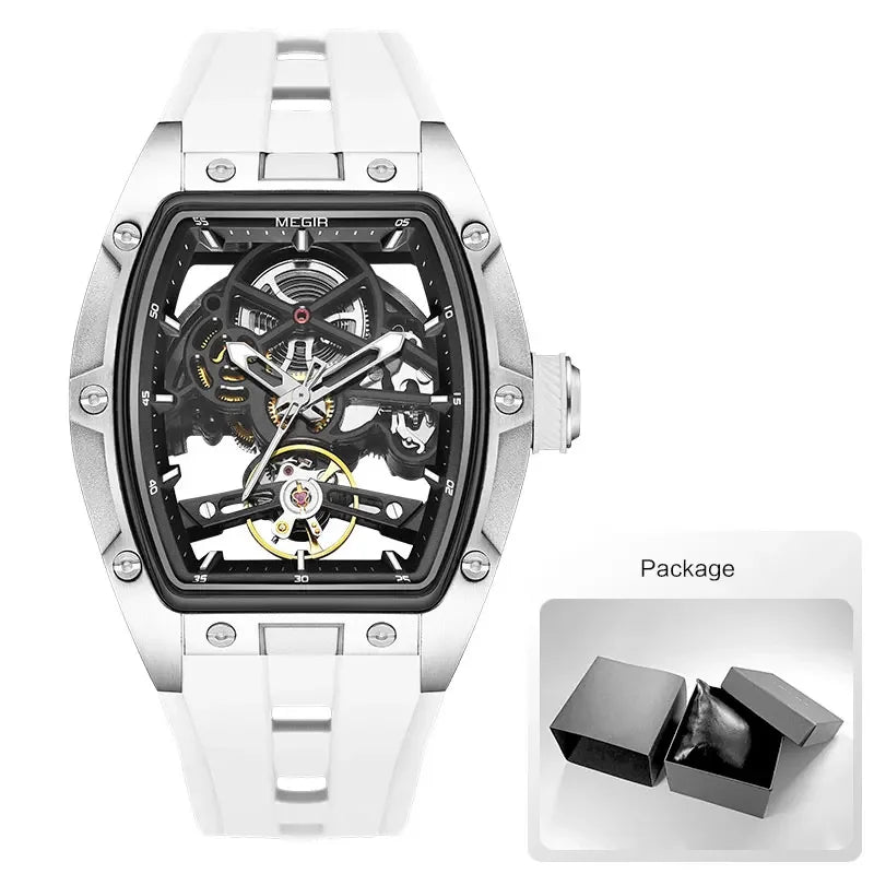 Men's Automatic Mechanical Watch with Stainless Steel Case Silicone Band Skeleton Dial Waterproof