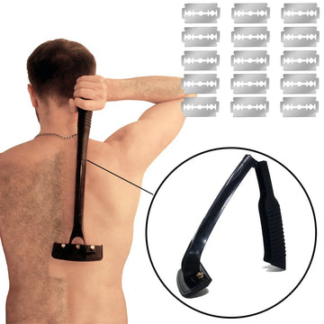 Men's Back Shaver Hair Remover Long Handle Body Hair Trimmer Razor with 15 Blades Manual Foldable Design for Efficient Grooming